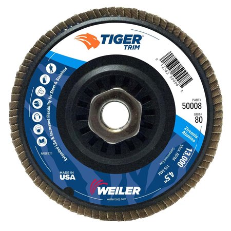 Weiler 4-1/2" Tiger Trim Abrasive Flap Disc, Conical (Ty29), Trimmable Backing, 80Z, 5/8"-11 Unc Nut 50008